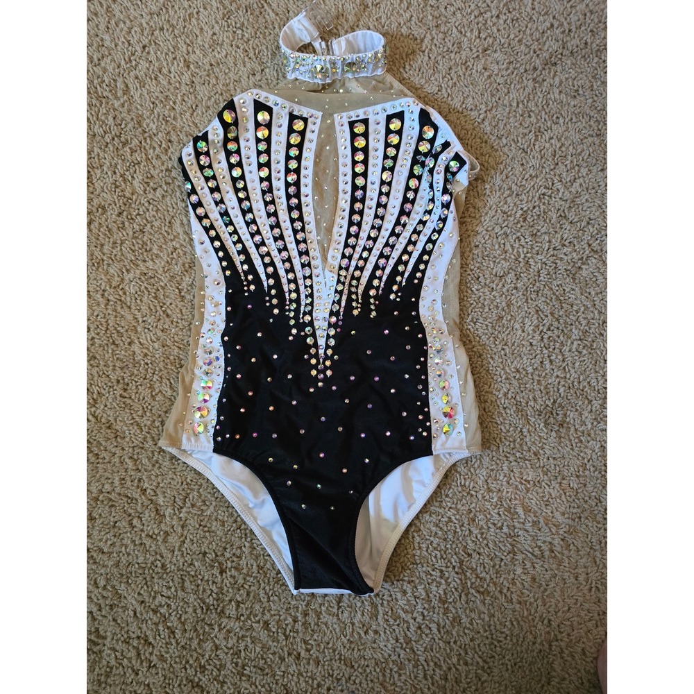 Glamour Costumes Rhinestone Dance Leotard Black White Striped Competition MA